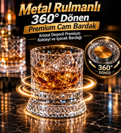 Metal Rulmanlı 360° Dönen Premium Cam Bardak | Kristal Desenli Premium İçecek Bardağı