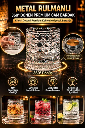 Metal Rulmanlı 360° Dönen Premium Cam Bardak | Kristal Desenli Premium İçecek Bardağı