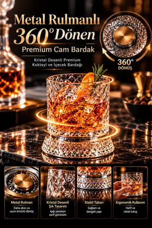 Metal Rulmanlı 360° Dönen Premium Cam Bardak | Kristal Desenli Premium İçecek Bardağı