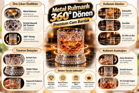 Metal Rulmanlı 360° Dönen Premium Cam Bardak | Kristal Desenli Premium İçecek Bardağı