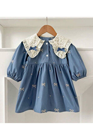 Kız çocuk Bebe Yaka Fiyonk İşlemeli elbise