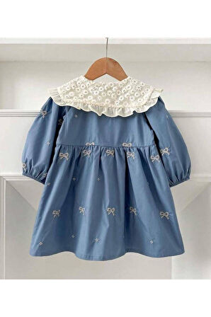 Kız çocuk Bebe Yaka Fiyonk İşlemeli elbise