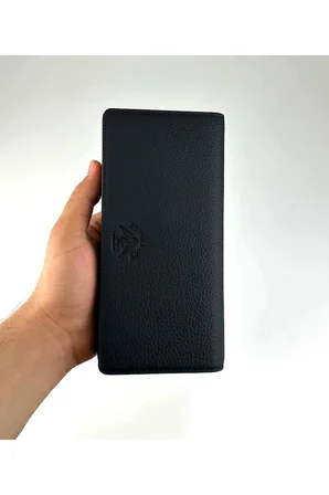 Erkek Hakiki Deri Siyah Telefon Bölmeli Uzun Cüzdan ve Kartlık