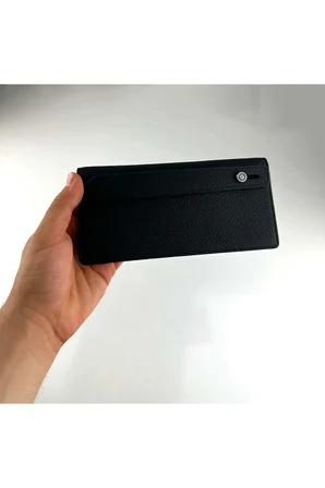 Erkek Hakiki Deri Siyah Telefon Bölmeli Uzun Cüzdan ve Kartlık