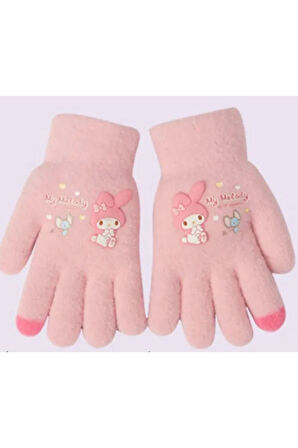 Petityu Pembe Örme Yumuşacık Sıcacık Eldiven Hello Kitty- My Melody - Pembe Parmak Ucu Detay 3-8 yaş