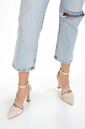  Kadın Topuklu Ayakkabı  Saten taş detaylı