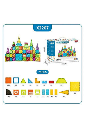 Manyetik Yapı Blokları Çocuklar İçin Renkli 3 Boyutlu 75 Parça Manyetik Karo Eğitici Oyun Seti