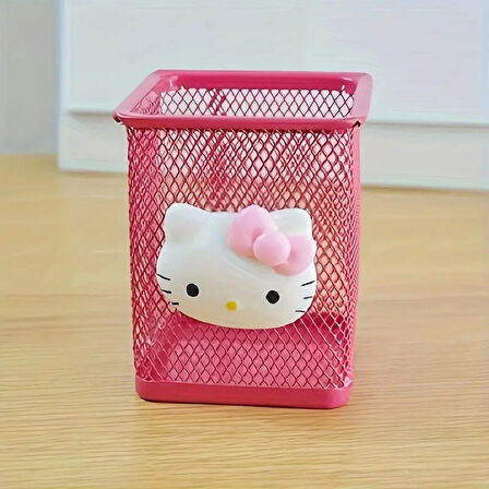 Hello kitty figürlü masa üstü metal kare model kalemlik Koyu pembe