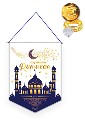 Kumaş Ramazan Banner Hoşgeldin Ramazan Flama + Peri Led - Hoşgeldin Ramazan Sarkıt - Ramazan Flama