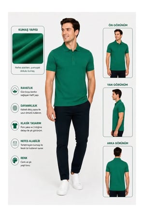 Erkek Polo Yaka yeşil Tişört Likralı Pike Kumaş Terletmez Slim Fit Günlük Şık Tasarım