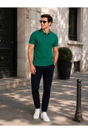 Erkek Polo Yaka yeşil Tişört Likralı Pike Kumaş Terletmez Slim Fit Günlük Şık Tasarım