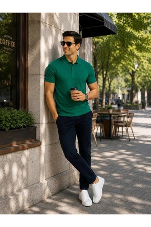 Erkek Polo Yaka yeşil Tişört Likralı Pike Kumaş Terletmez Slim Fit Günlük Şık Tasarım