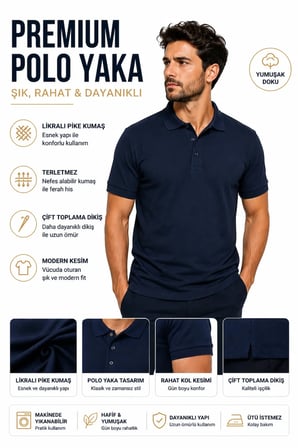 Erkek Polo Yaka Lacivert Tişört Likralı Pike Kumaş Terletmez Slim Fit Günlük Şık Tasarım
