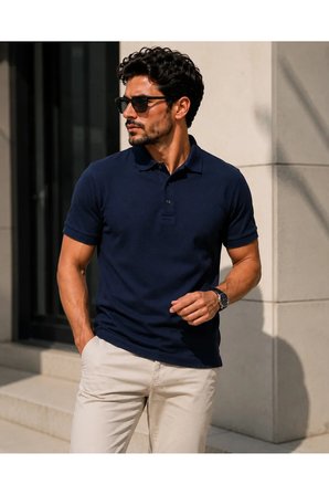 Erkek Polo Yaka Lacivert Tişört Likralı Pike Kumaş Terletmez Slim Fit Günlük Şık Tasarım