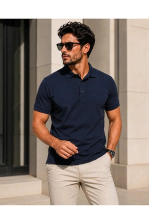 Erkek Polo Yaka Lacivert Tişört Likralı Pike Kumaş Terletmez Slim Fit Günlük Şık Tasarım