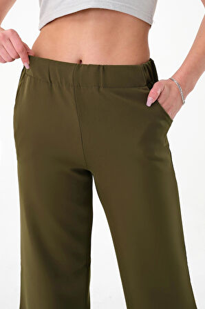 Kadın Haki Bel Lastikli Palazzo Pantolon