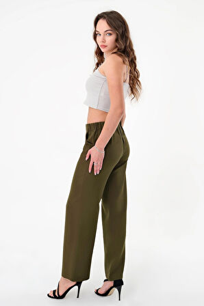 Kadın Haki Bel Lastikli Palazzo Pantolon