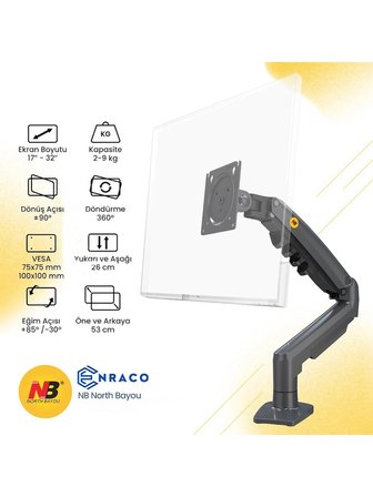 Enraco North Bayou NB F80 17"-32" Amortisörlü 2-9 Kg Monitör Standı Yeni Tasarım 2026 Versiyon Gray Edition