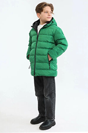 erkek çocuk yeşil rüzgar geçirmez elyaf dolum mont