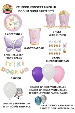 Dehaparty Doğum Günü Kelebek Konsept 8 Kişilik Parti Seti Çok Renkli