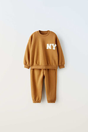 Unisex Çocuk Pamuklu Hardal "NY" Nakışlı Sweatshirt Eşofman Alt-Üst Takım - Rahat Kalıp