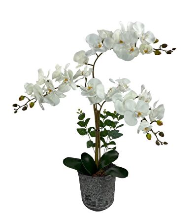 Yapay Çiçek 3lü Beyaz Orkide Seramik Saksıda Orkide 60cm