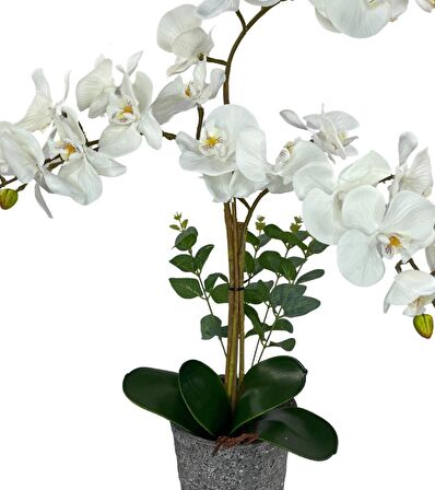Yapay Çiçek 3lü Beyaz Orkide Seramik Saksıda Orkide 60cm