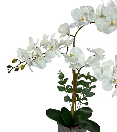 Yapay Çiçek 3lü Beyaz Orkide Seramik Saksıda Orkide 60cm