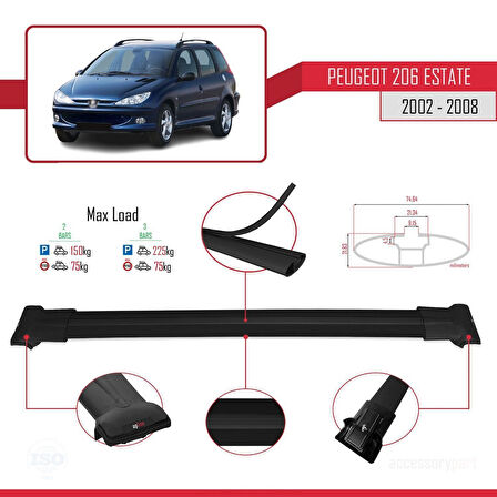 Peugeot 206 SW 2002-2008 Arası ile Uyumlu FLY Model Ara Atkı Tavan Barı Siyah 2 Adet