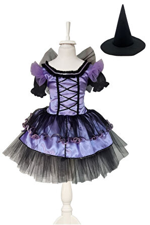 Balon Kol Cadı Kostümü + Cadı Şapkası - Balo Kostümü - Cadılar Bayramı Kostüm Halloween Cosplay