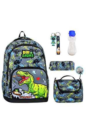 3 Göz Dinosaurs Okul Çantası + Termal Beslenme + Kalemlik + Anahtarlık + Suluk Dinozor Çanta