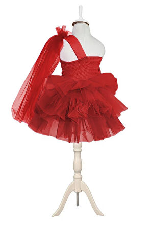 Tek Omuz Kırmızı Kat Kat Elbise - Kız Çocuk Kırmızı Abiye Kız Çocuk Elbisesi - Mezuniyet Balo Kostüm