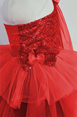 Tek Omuz Kırmızı Kat Kat Elbise - Kız Çocuk Kırmızı Abiye Kız Çocuk Elbisesi - Mezuniyet Balo Kostüm