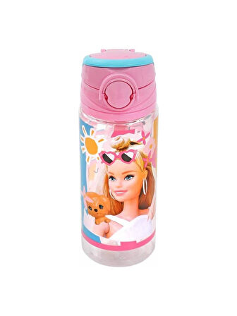 Pembe Barbie Şeffaf Matara 500ML - Çocuk Suluk, Matara, Suluk Pipetli Suluk, Askılı Suluk