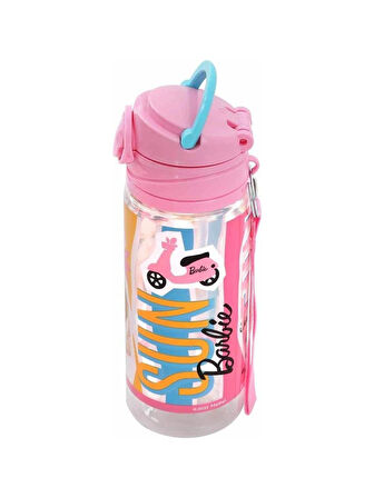 Pembe Barbie Şeffaf Matara 500ML - Çocuk Suluk, Matara, Suluk Pipetli Suluk, Askılı Suluk