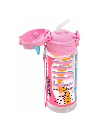 Pembe Barbie Şeffaf Matara 500ML - Çocuk Suluk, Matara, Suluk Pipetli Suluk, Askılı Suluk