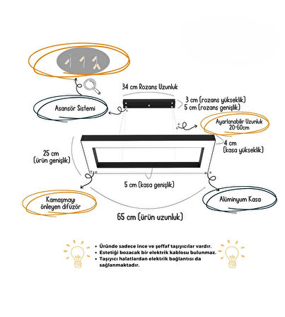 Mesıta ( Siyah Kasa, Beyaz Işık ) Ledli Modern Led Avize, Salon, Mutfak, Oturma Yatak Odası, Sarkıt
