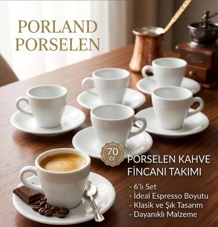 Porland Porselen Bella Tabaklı Espresso , Türk Kahve Fincanı Seti 70 cc 6'Lı Set