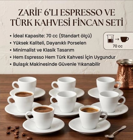 Porland Porselen Bella Tabaklı Espresso , Türk Kahve Fincanı Seti 70 cc 6'Lı Set