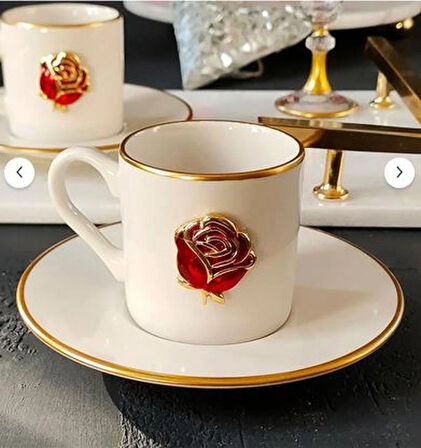 REGNA HOME Fine Living Love Roses 4 Parça 2 Kişilik Yaldızlı Porselen Kahve Fincan Takımı