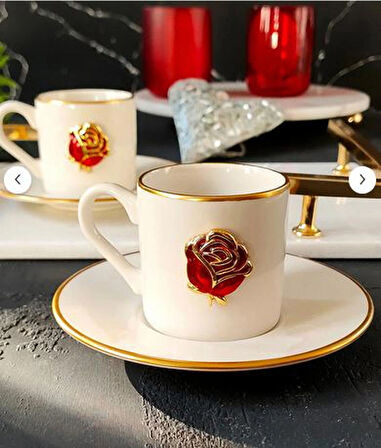 REGNA HOME Fine Living Love Roses 4 Parça 2 Kişilik Yaldızlı Porselen Kahve Fincan Takımı