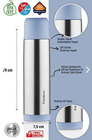  COOKER 0,75 Ml Çift Kat Paslanmaz Çelik 750 Ml Termos ( Çay Kahve Piknik Kamp Outdoor Ofis Otel Kafe Okul )