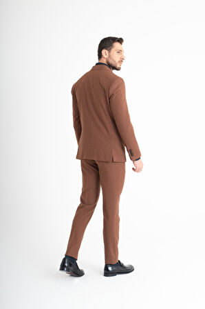 Slim Fit Yelekli Takım Elbise - Kahverengi 50