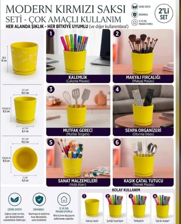 2’li Seramik Saksı (Kalemlik,Fırçalık,Masa Organizeri ) / Modern Dekoratif El Yapımı Tasarım