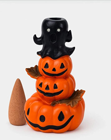 Halloween Dekoratif Tütsülük – Balkabağı&Hayalet Figürlü + 3 Adet Vanilya Geri Akış Tütsü Hediyeli