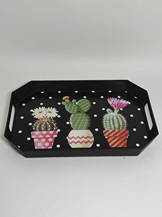 Modern Ethnic Kaktüs Çiçek Desenli Pleksi Servis Sunum Tepsisi 33*23 Cm Çay Kahve Tepsisi 