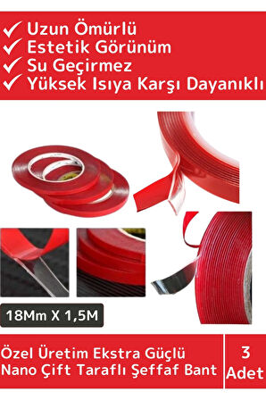 Premium Seri Ultra Güçlü Çok Amaçlı Tamir Cam Dış Mekan Montaj 1,5mt Çift Taraflı Şeffaf Bant 3 Adet