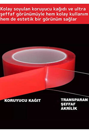 Premium Seri Ultra Güçlü Çok Amaçlı Tamir Cam Dış Mekan Montaj 1,5mt Çift Taraflı Şeffaf Bant 3 Adet