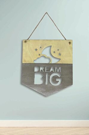 Dream Big Çocuk Odası Ahşap Gri Duvar Dekor Ürünü Bulut Yıldız Desenli 