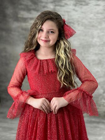 Fırfırlı Tül Simli Kumaş Elbise - Kız Çocuk Elbise - Kız Çocuk Abiye - Kız Abiye